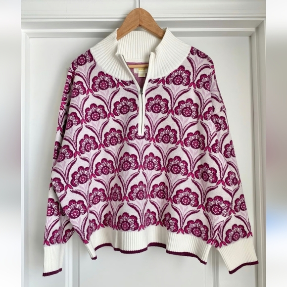 Anthropologie Maeve Montana Mock Neck Floral Zip-Up Sweater Quarter Zip Small M - Picture 2 of 8